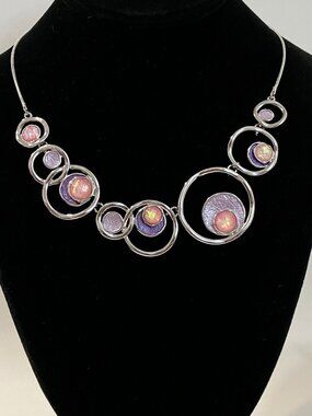 Equilibrium Necklace Purple Pink Crystal Stone Silver Metal Circles Snake Chain